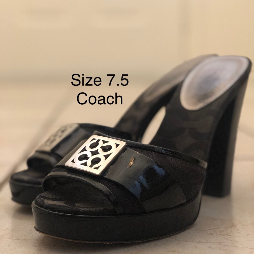 Coach Black Patent Leather Platform Heeled Sandals with Silver Accent